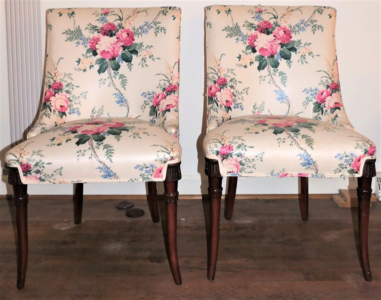 Pair of French Style Side Chairs with Carved Details on Legs - Nice Floral Upholstery - Measuring 34 1/2" tall 21" by 17"