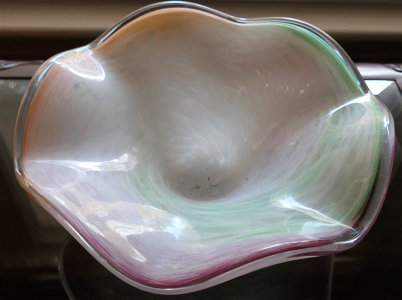 White and Pastel Colored Art Glass Ruffled Edge Bowl - Measures 3 1/2" tall 11 1/4" Across