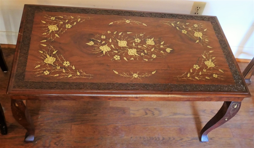 French Carved Coffee Table - Beautiful Brass Floral Inlaid Top - Measures 17 1/2" tall 36" by 19"