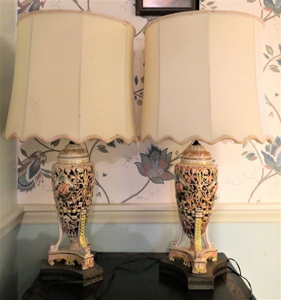 Pair of Italian Pierced Porcelain Table Lamps with Cherubs and Metal Bases  - Each Lamp Measures 21 1/2" to Bulb 