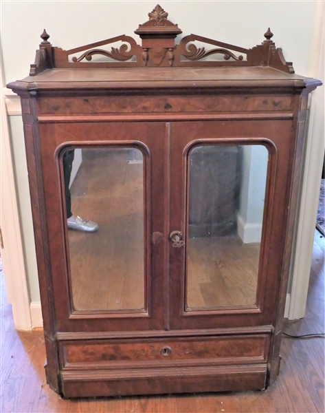 Nice Walnut Music Cabinet with Mirrored Door and Drawer - Carved Gallery - Shelves Inside - Measures 36" Tall 29" by 15" - Not Including Gallery 