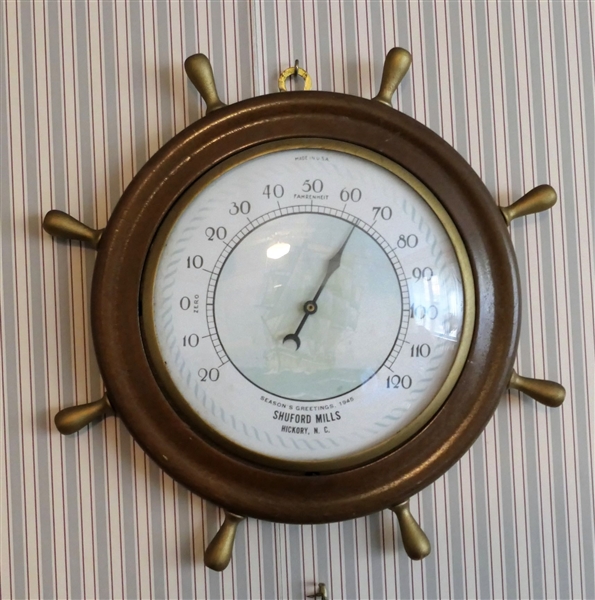 1945 "Seasons Greetings - Shuford Mills - Hickory, NC" Ships Wheel Thermometer - Measures 10" Across