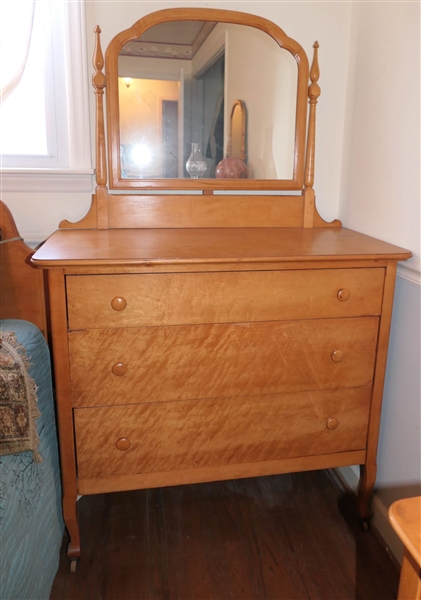 Nice Birds Eye Maple Dresser with Mirror - 3 Drawers - Measures 37" tall 40" by 19" - Not Including Mirror