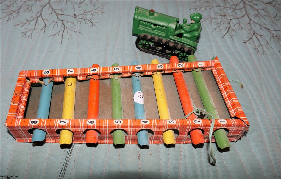 Scottie Tin Litho Xylophone and Iron Tractor - Tractor Measures 3" Tall 4" Long