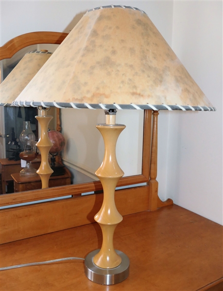 Modern Wood and Metal Table Lamp with Faux Leather Shade - Measures 27 1/4" Tall 