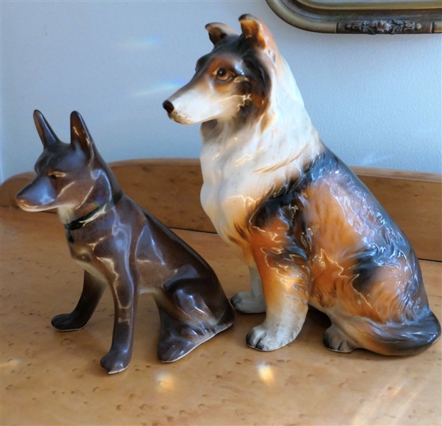 2 Ceramic Dog Figures - Collie is Stafford Japan - Measures 7 1/2" tall 