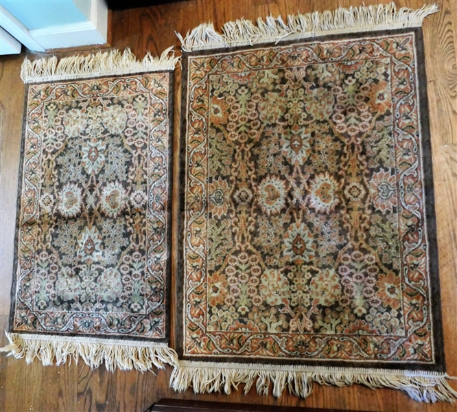 2 Small Brown and Cream Oriental Silk Rugs 35" by 26" and 31" by 19 1/2"