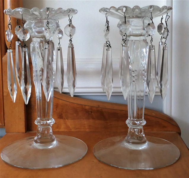 Pair of Elegant Glass Candle Stick with Prisms Measuring 8" Tall 