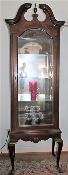 Mahogany Broken Arch Curio Cabinet with Light - Queen Anne Style Feet - Shell Detail - Cabinet Measures 77" tall 22" by 14"