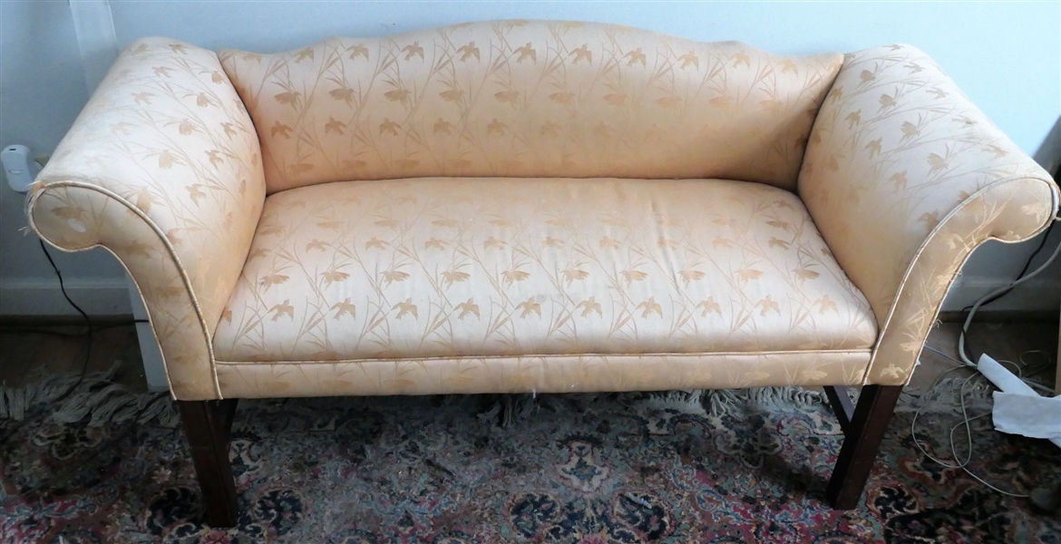 Chinese Chippendale Style Settee with Bird Upholstery - Some Tears on Arm - Measures 26" Tall 53" by 18"