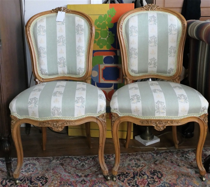 Pair of Floral Carved Side Chairs with Green Striped Upholstery 