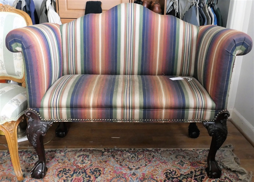 Ball and Claw Foot Settee with Striped Upholstery - Measures 36" tall 43" by 19"