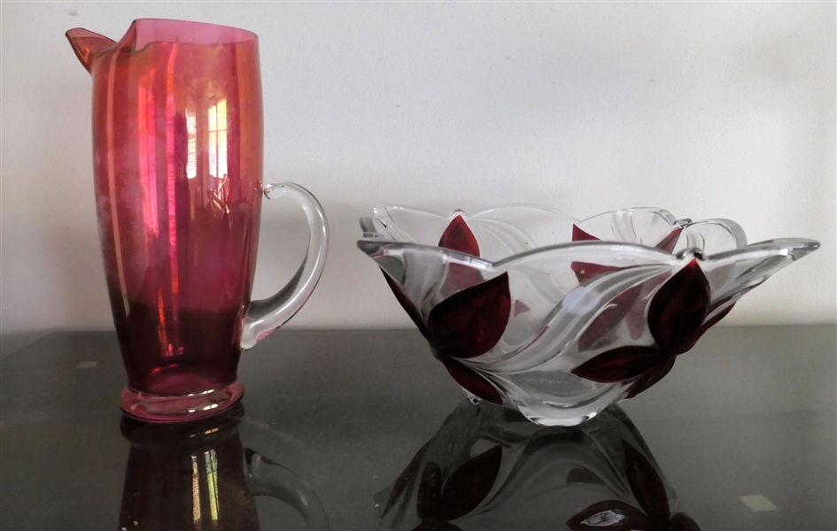Mikasa Japan Bowl with Red Flowers and Cranberry Glass Pitcher with Clear Applied Handle - Bowl Measures 9 1/2" Across