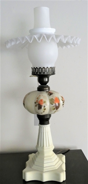 Hand Painted Oil Lamp Style Table Lamp with Glass Petticoat Shade - Measures 22" Tall