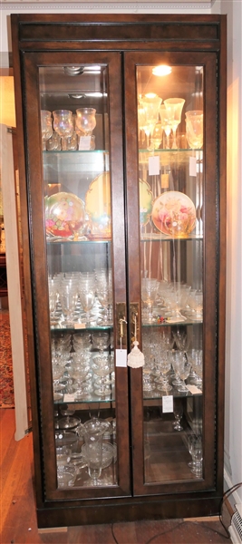 Mahogany Lighted Display Cabinet - Mirrored Back, Beveled Glass Doors and Sides - Glass Shelves - Measures 81" tall 32" by 15"