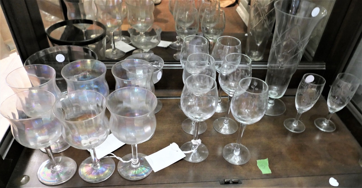 Shelf Lot of Etched and Iridized Glassware including 6 Tulip Wines 6 1/2" Tall, and 10" Etched Vase