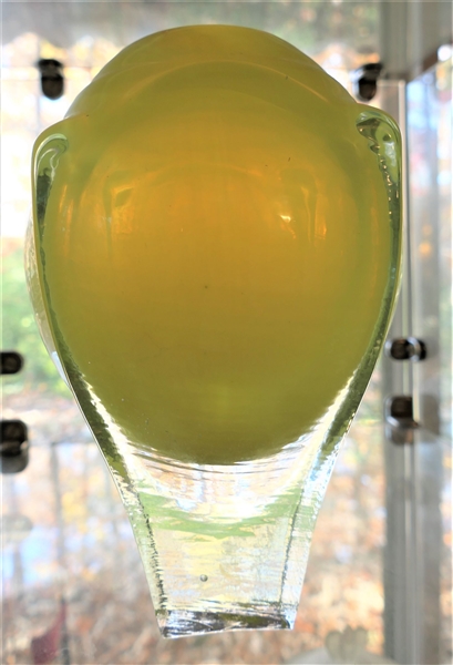 Steven J. Hiller 83 Artist Signed Chartreuse Art Glass Vase - Measures 9" Tall - Very Heavy