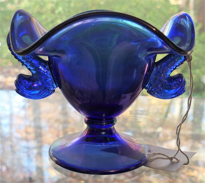 Fenton Blue Iridized Compote with Dolphin Handles - Measures 5 1/2" tall 7 1/4" Handle to Handle 