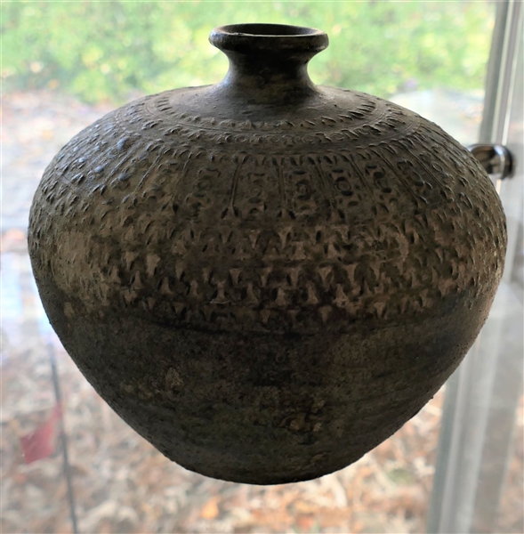 Art Pottery Vase with Incised Decoration - Measures 7" tall 8" Across