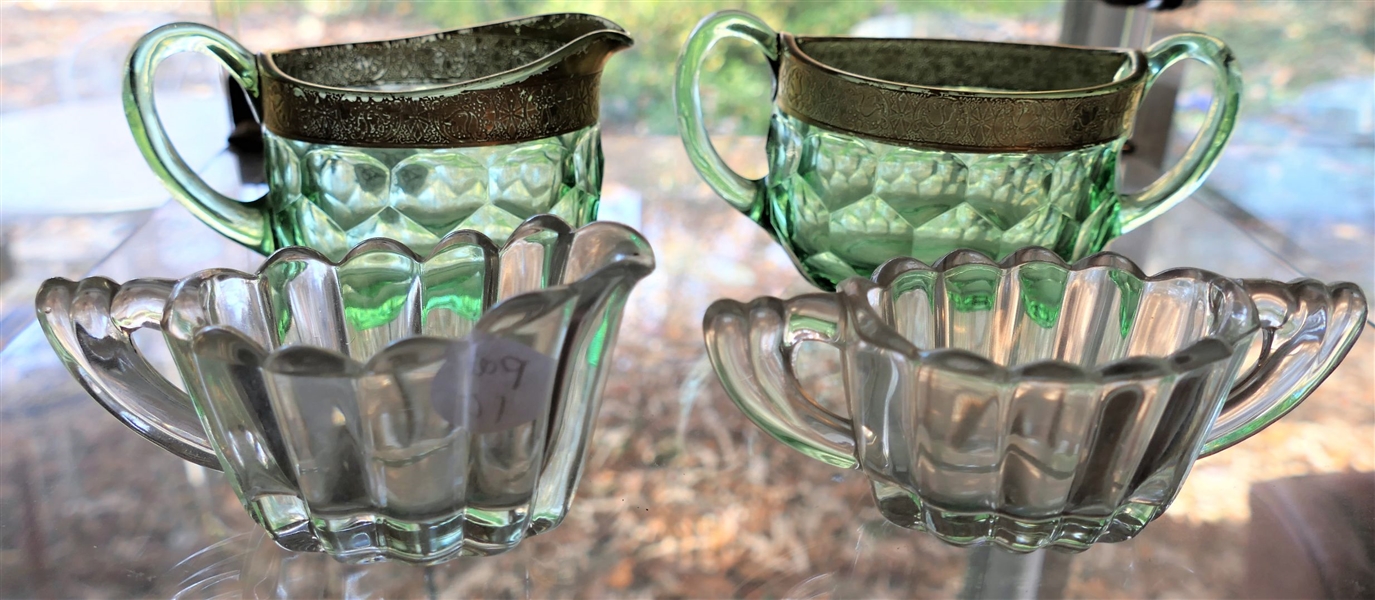 Pair of Signed Heisey Clear Cream and Sugar and Green Cream and Sugar with Gold Decoration - Heisey Measure 1 3/4" Tall 