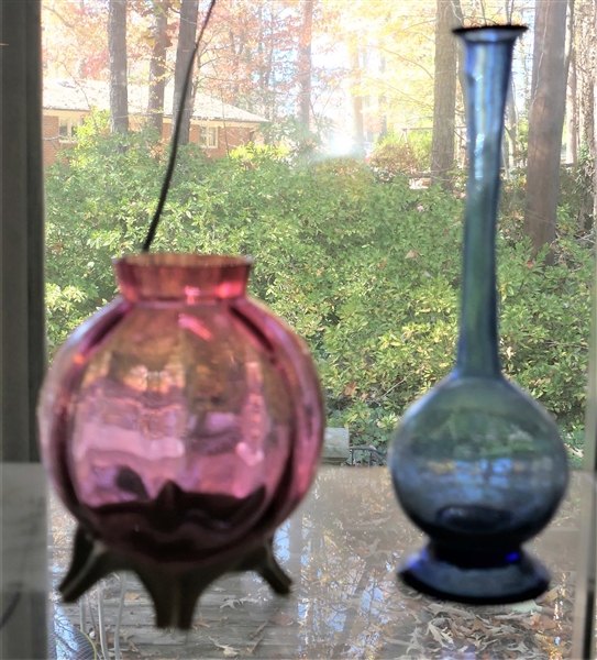 Blue Hand Blown Bud Vase and Cranberry Glass Vase with White Applied Base - Blue Vase Measures 9 1/2" tall 