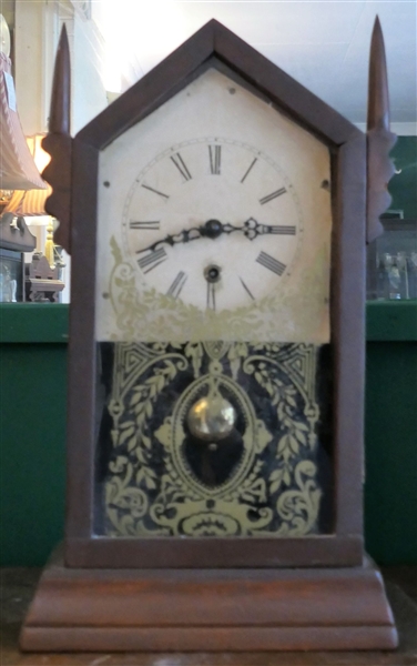 Steeple Clock with Key and Pendulum - Gold Reverse Decorated Door - Measures 16 1/2" tall 9" by 3 1/4" 
