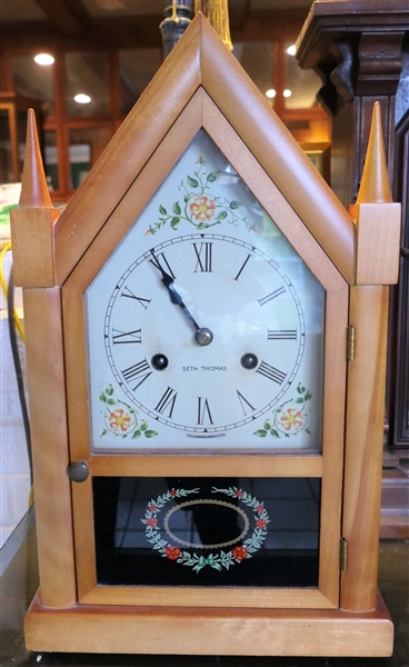 Seth Thomas Steeple Clock with Floral Details on Face and Door - Measures 15 1/4" tall 8 1/4" by 5 1/4" 