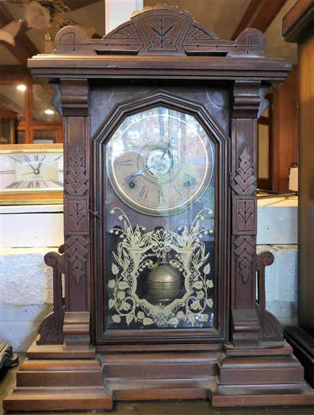 Nice Walnut Mantle Clock with Alarm, Fancy Pendulum, and Key - Measures 21" tall 16" by 5 1/4"