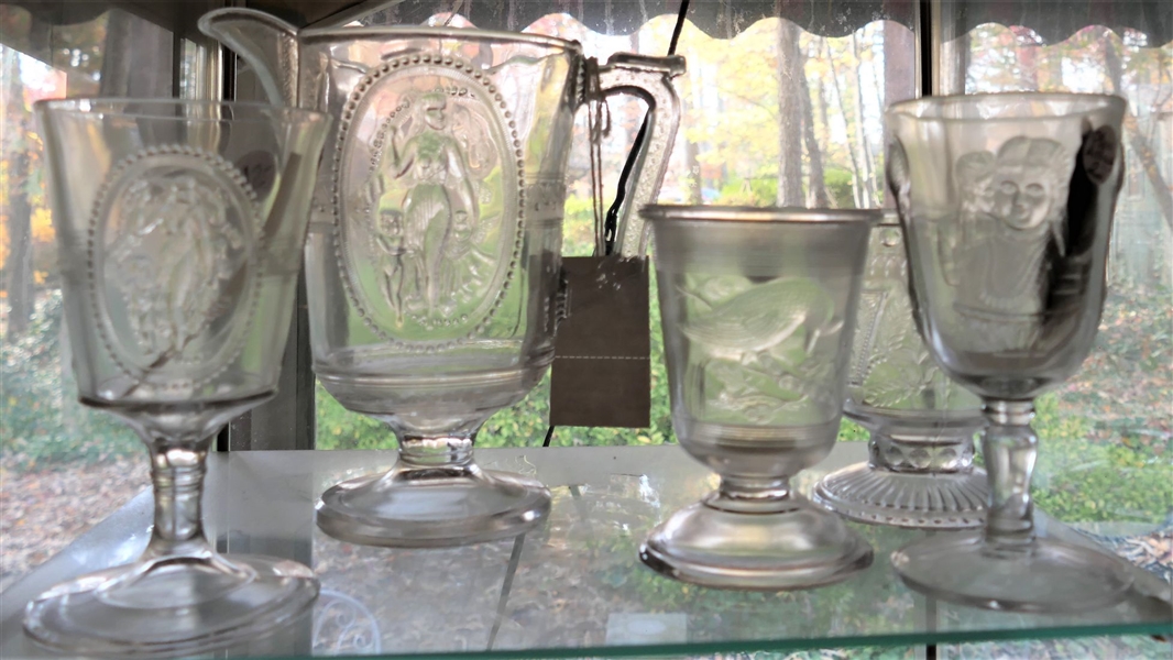 5 Pieces of 19th Century Early American Press Glass including Cupid and Venus Pitcher and Glass, Bird Glass, Figural Glass, and Footed Bowl - Pitcher Measures 7" Tall