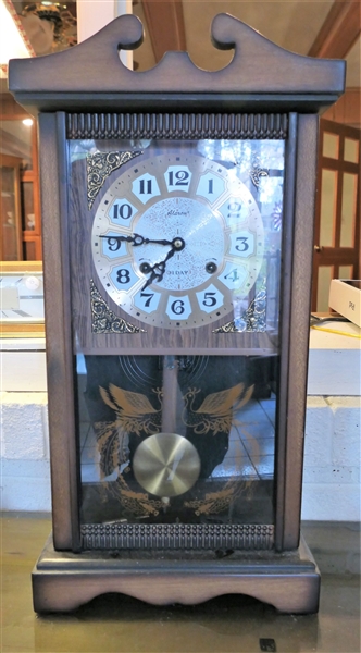 Alaron 31 Day Mantle Clock with Chimes - with Key and Pendulum - Measures 23 1/2" tall 12" by 5 1/4" - Missing Finial (Photographed with 2 Keys Only 1 Included)