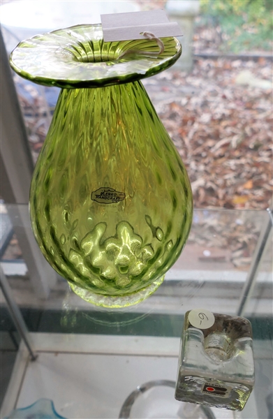 Blenko Hand Blown Green Quilted Vase and Blenko Candle Stick - Both with Original Stickers - Vase Measures 8" tall 