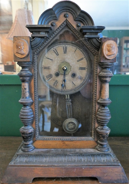 Oak Mantle Clock with Faces on Corners - Back Marked UCC - Missing Finial - Measures 16" tall 10" by 5"
