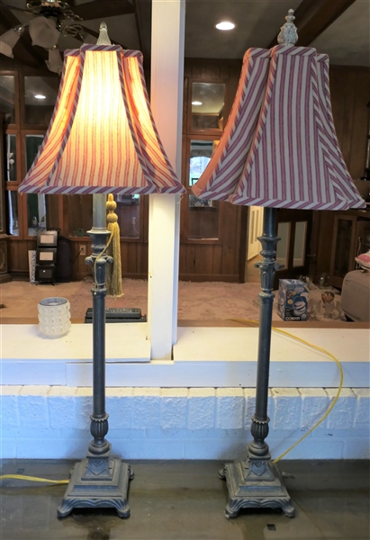 Pair of Candlestick Lamps with Red and Beige Striped Shades - each Lamp Measures 36" Tall 