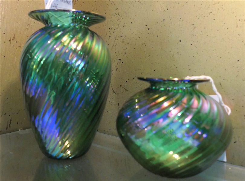 Pair of Mt. Saint Helens Vases - Green Iridized Glass - 6 1/2" and 5 1/2" 