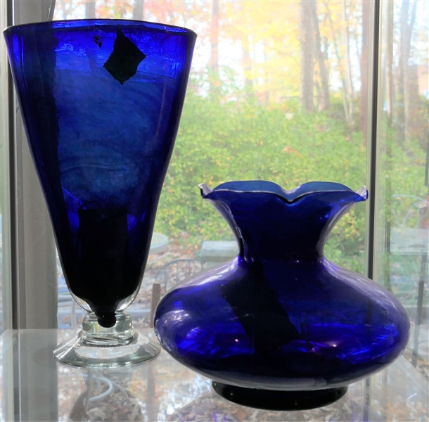 Cobalt Blue Fan Vase with Clear Base and Cobalt Blue Ruffled Edge Vase - Fan Vase Measures 12 tall 6 3/4" Across