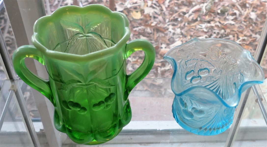 Green Opalescent Cherry Pattern Spooner and Blue Ruffled Edge Vase with Cherry Pattern - Spooner Measures 5 1/2" tall l