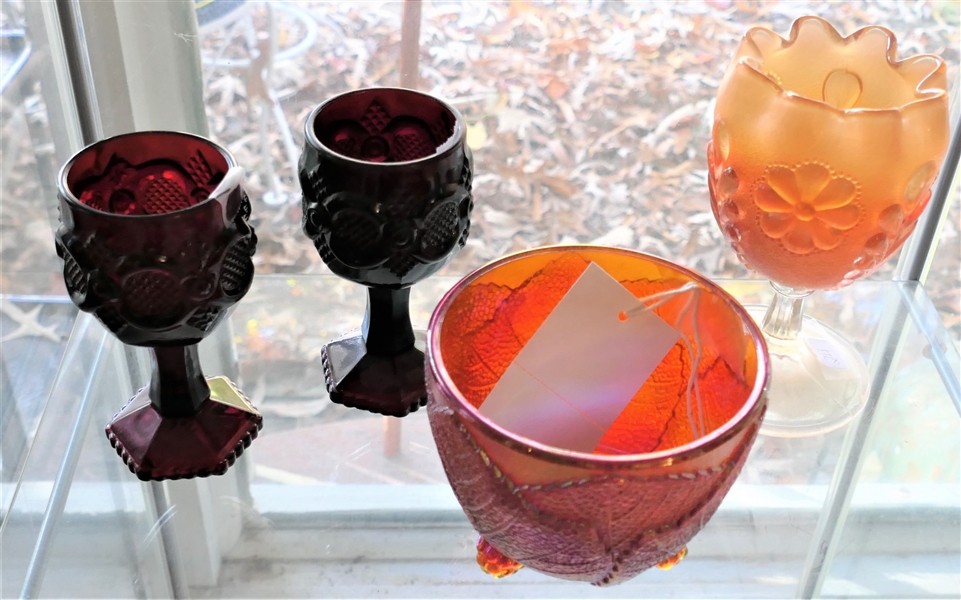 Fenton Iridized Leaf Bowl, Signed and Original Sticker, Carnival Marigold Footed Vase with Flower, and 2 Ruby Red Avon Glasses - Fenton Measures 3 1/4" tall 4 1/4" Across