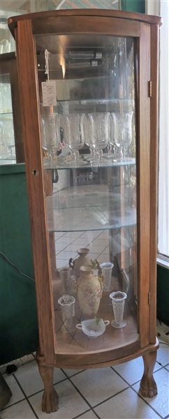 Nice Narrow Oak Claw Foot China Cabinet with Light and 3 Adjustable Glass Shelves - Measures 58" tall 20" by 16 1/2" 