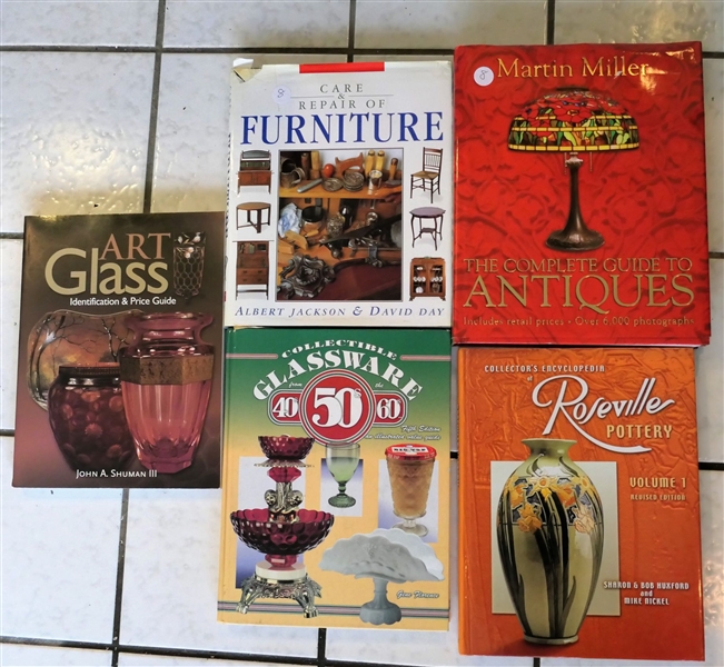 5 Hardback Books on Glassware and Antiques - Art Glass, Furniture, Glassware, Roseville, and Complete Guide to Antiques