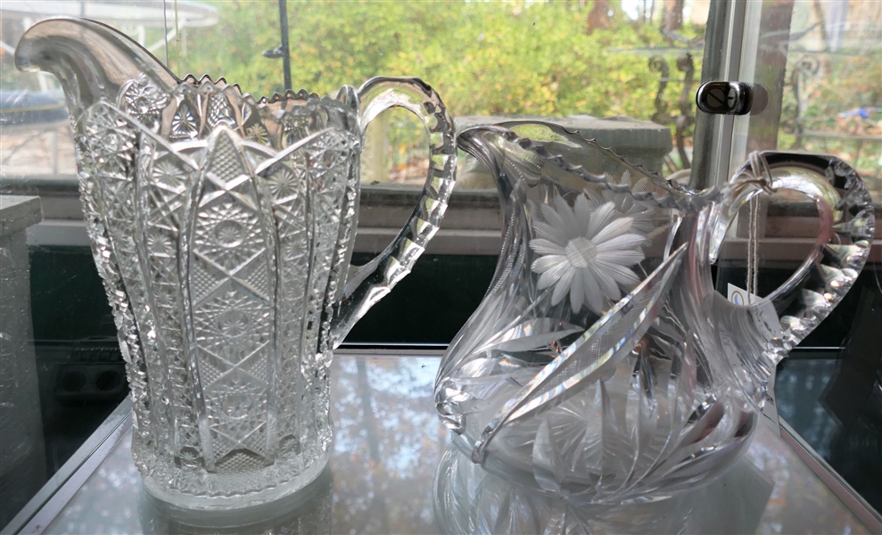 Cut Glass Pitcher and Press Glass Pitcher - Both in Good Condition - Cut Glass Measures 6 1/2" Tall 