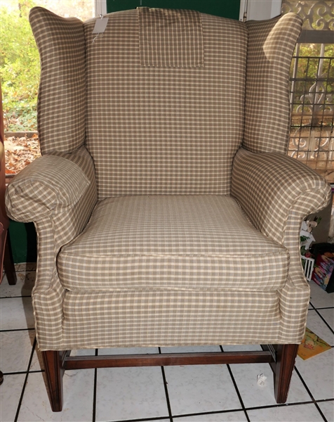 Nice Green Check Wing Back Chair 