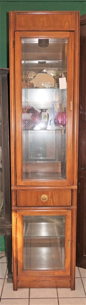 Nice Narrow Oak Hammersly Display Cabinet - Top is Lighted with Glass Shelves, Single Drawer in Center, and Lighted Cabinet with Glass Shelf at Bottom - Beveled Glass Doors - Measures 76 1/2" tall...