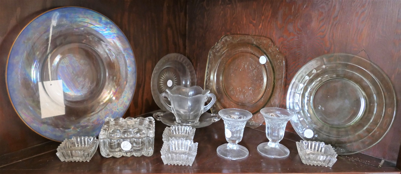 Lot of Heisey and Depression Glass including Iridized Heisey 11" Plate, Heisey Ipswich Juice Glasses, Covered Dresser Box, Heisey Individual Ash Trays, and More