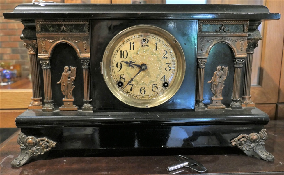 Sessions Mantle Clock with Fancy Metal Details - With Key  Measures -10 1/2" tall 17 1/2" by 6" 