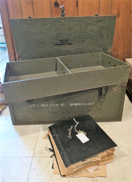 Seattle Luggage Corp. 1942 - Wood Military Trunk with Tray - Stenciled Name on Front and Top with 1940s Scrap Book Full of Newspaper Clippings  and Ephemera - Trunk Measures 12 1/2" tall 32" by 16"