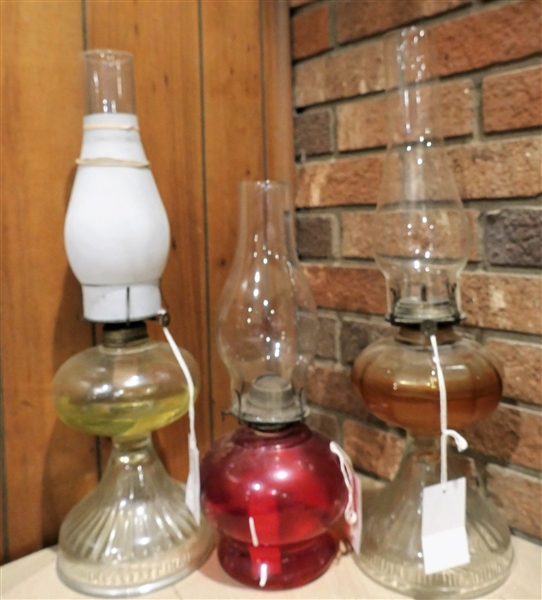 3 Oil Lamps with Glass Chimneys 
