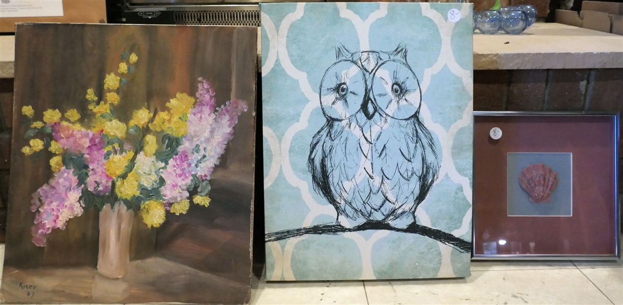 1947 Kisey Painting of Flowers, Shadowbox Framed Sea Shell, and Owl Print on Canvas  - Flower Painting Measures 16" by 14"