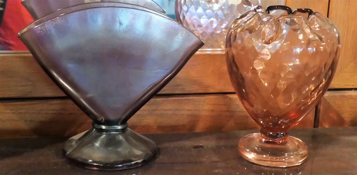 Iridized Fan Vase and Mauve Signed Fenton Vase - Measuring 6" tall 