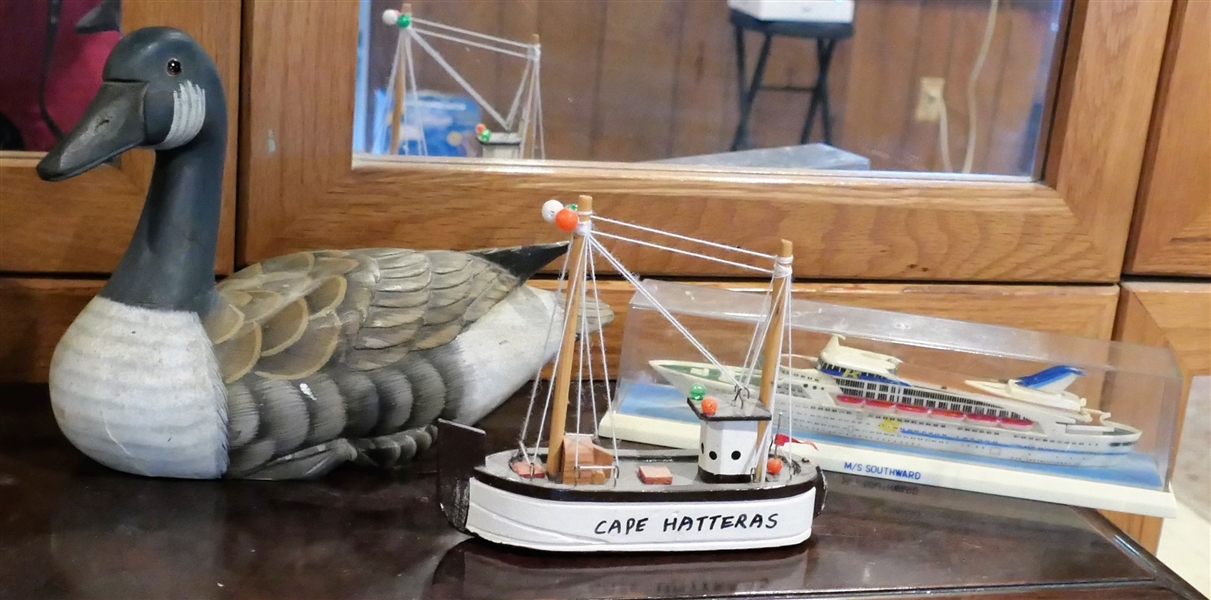 Cape Hatteras Model Boat, M/S Southward Model Ship, and Wood Carved Duck - Duck Measures 7" tall 10" Beak to Tail 