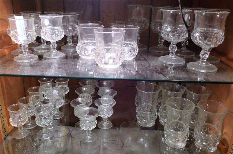 42 Pieces of Clear Kings Crown Glassware including 3 1/2" Tumblers, 5 3/4" Goblets, and 5 1/4" Glasses
